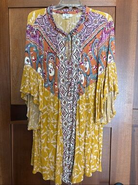 Umgee Mustard Yellow Floral Yoke Dress with Pink Trim